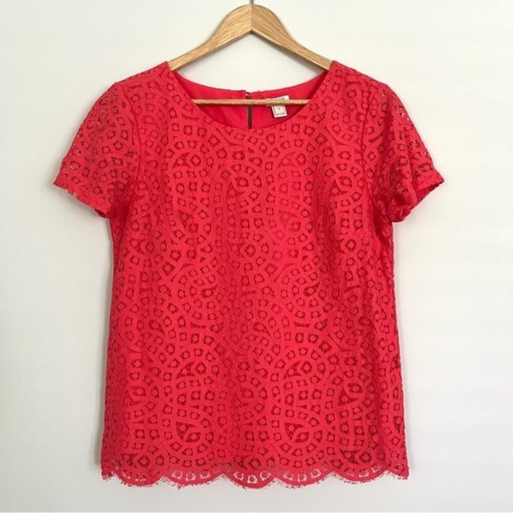 J. Crew Factory Coral Lace Short Sleeve Top, Scalloped hem, Size 0